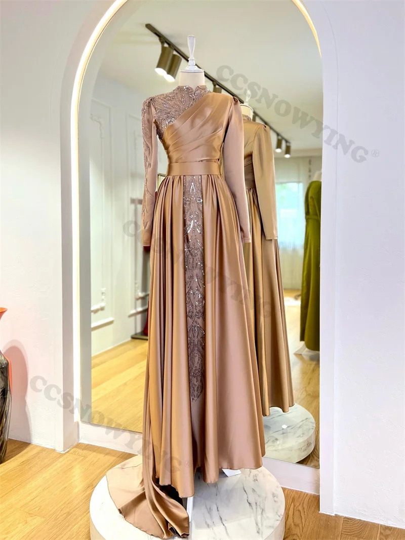 

Appliques Beaded Muslim Evening Dresses Satin Long Sleeve Islamic Formal Party Gowns High Neck Women Arabic Robes De Soirée