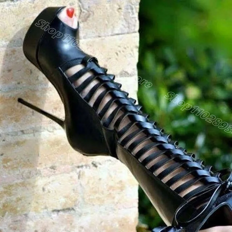 Black/Brown Waterproof Sexy Peep Toe Narrow Band Cross Hollow Out High Heel main image 1