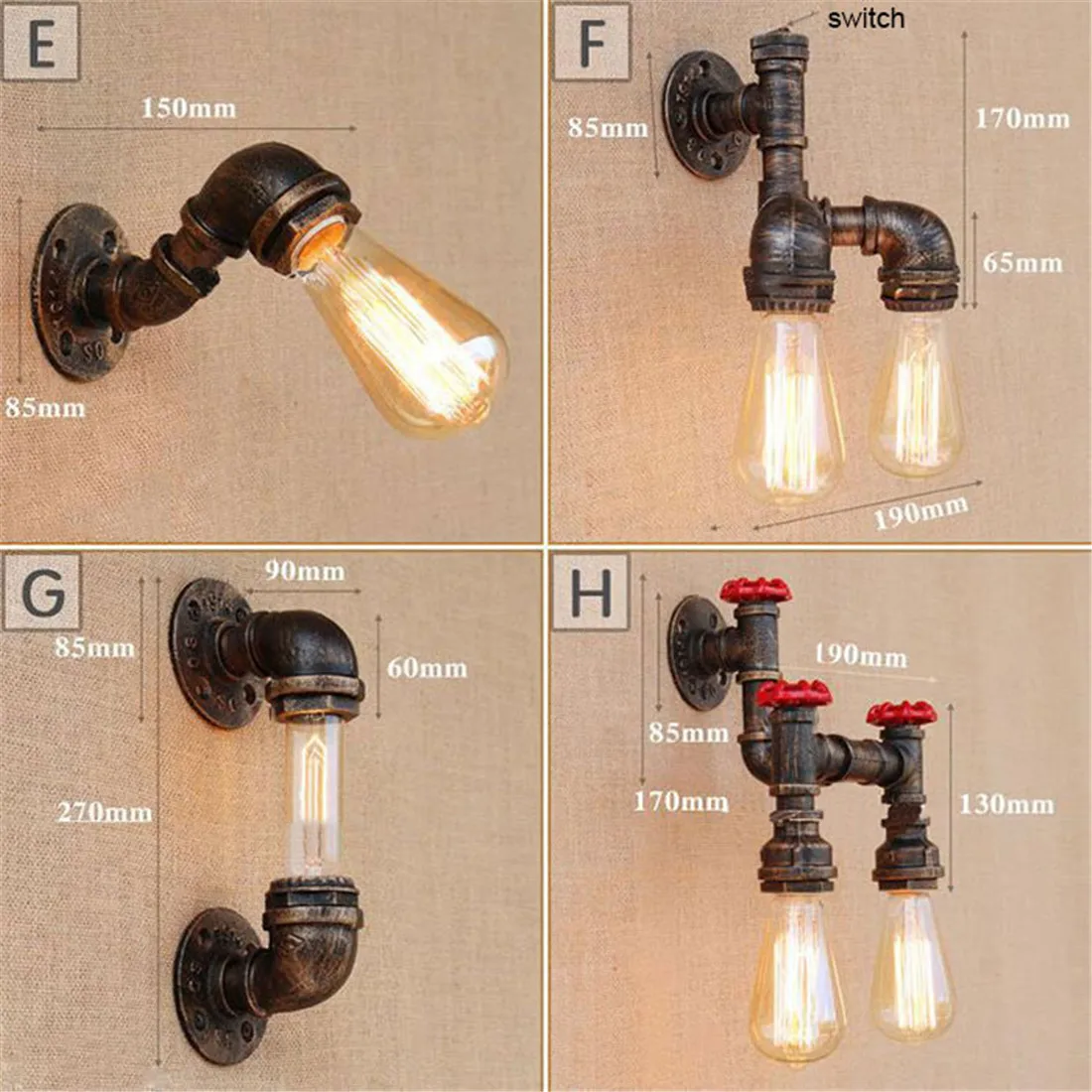 Loft Retro Iron Industrial Water Pipe Wall Light With On Off Switch