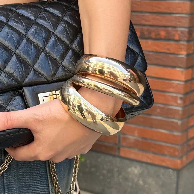 Exaggerated Hip Hop Punk Wide Cuff Bangle Set for Women Vintage Gold Silver Color Chunky Metal Bracelets Hand Jewelry
