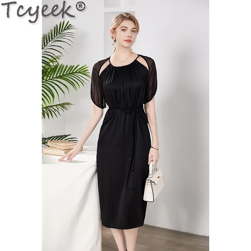 

Платье Tcyeek из шелка тутового шелкопряда для женщин, черное летнее платье, женская одежда, элегантные женские платья, платья для женщин, 92.3%