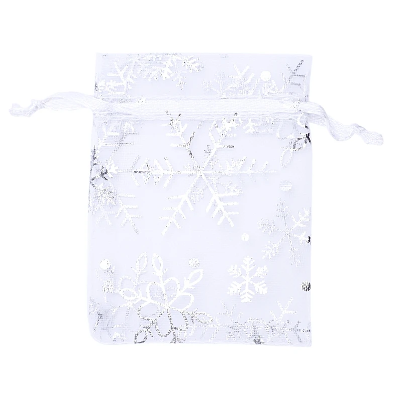 100 PCS Organza Wedding Gift Bags Drawstring Jewelry Pouch Bags Silver White Snowflakes Printed Sheer Party Favor Bags