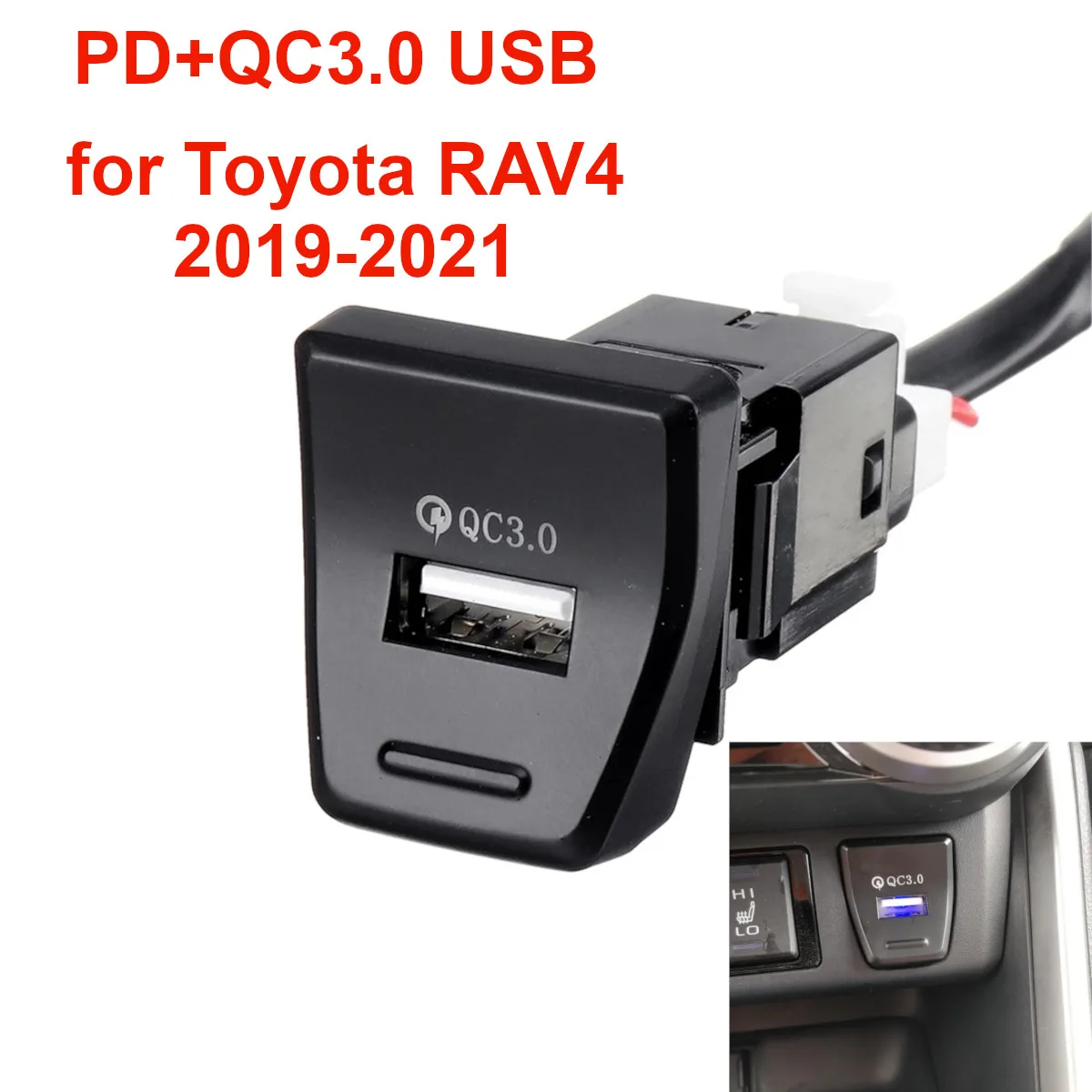 

Автомобильное зарядное устройство PD QC3.0 USB со светодиодной подсветкой, центральный переключатель положения, кнопка быстрой зарядки для Toyota RAV4 2019-2022