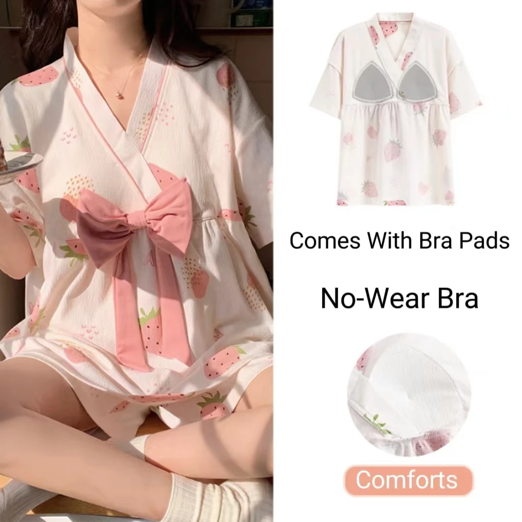 New Two-Piece Women's Pajamas Homewear Maternity Pajamas Summer Breastfeeding Clothes Imitation Cotton Homewear Leisure Suit 5