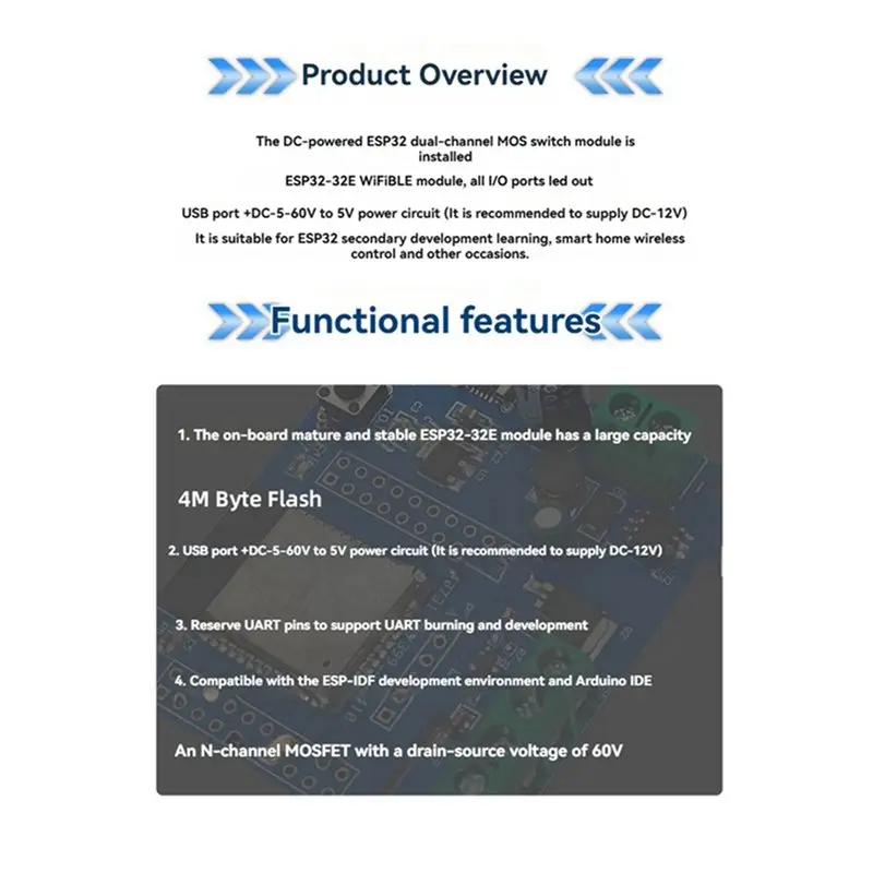 AA84 4X ESP32 듀얼 채널 MOS 스위치 모듈 DC5-60V 온보드 ESP32-32E Wifi 및 BLE 모듈