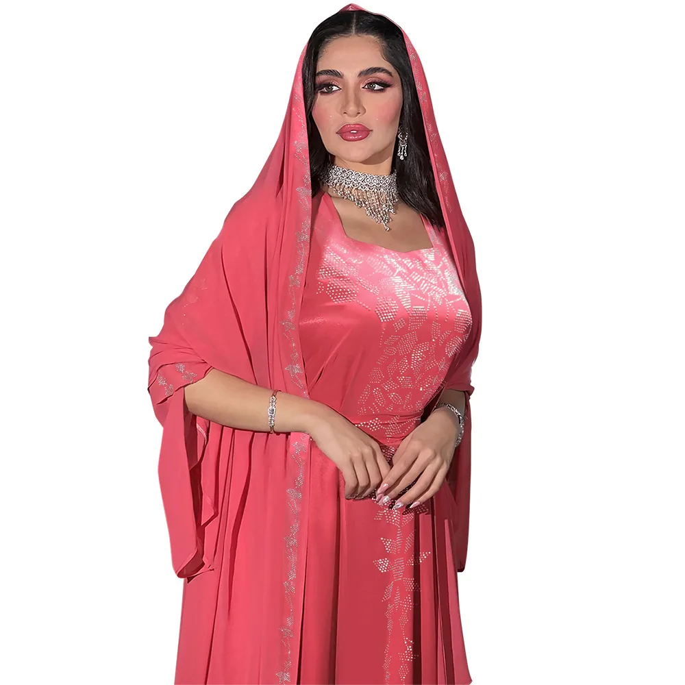 Summer 2023 Autumn Elegant Muslim Long Sleeve V-neck Pink Purple Long Abaya Muslim Fashion Dress Abaya Dress With Headscarf