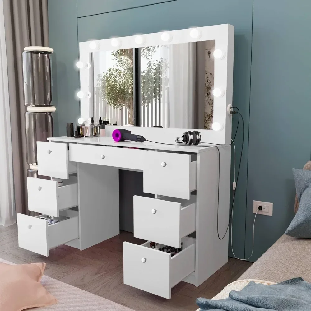 

Dressing table with vanity mirror, light, 7 drawers, non glass countertop dressing table, bedroom dressing table