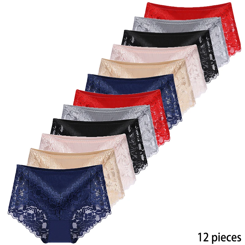 12pcs Women's underwear sexy lace high waist plus size female panties cotton crotch antibacterial gauze jacquard weave lingerie 
