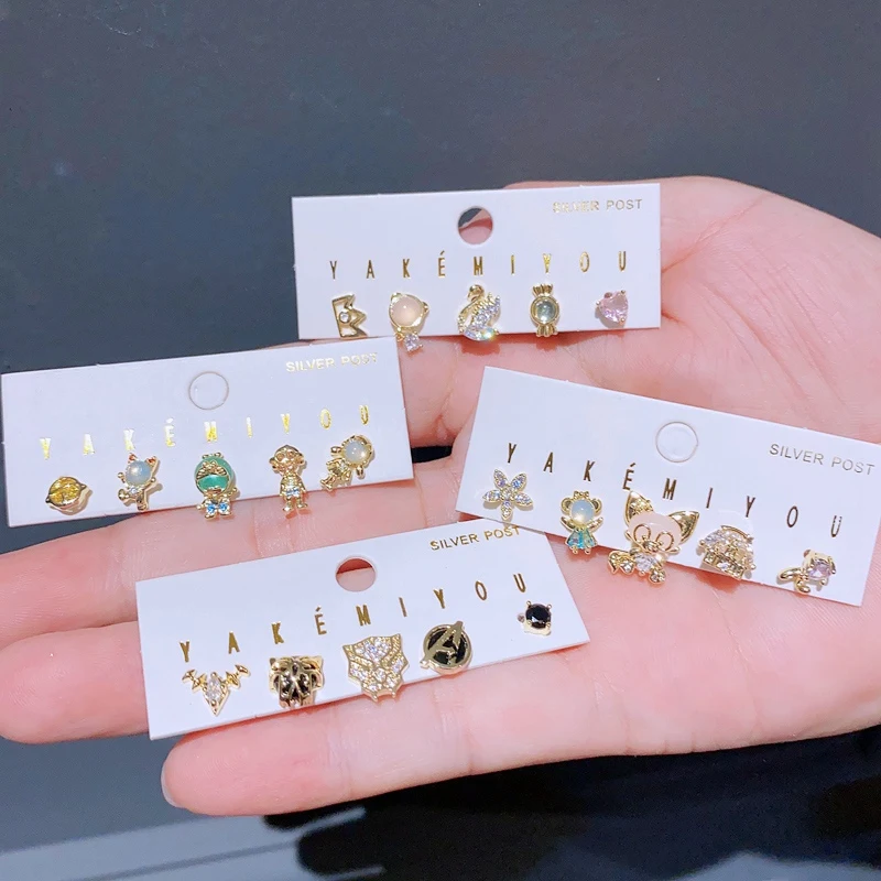 Yakemiyou 5pcs/Set Cartoon Design Stud Earrings for Women Girls Gold Color Cubic Zircon Jewelry 6