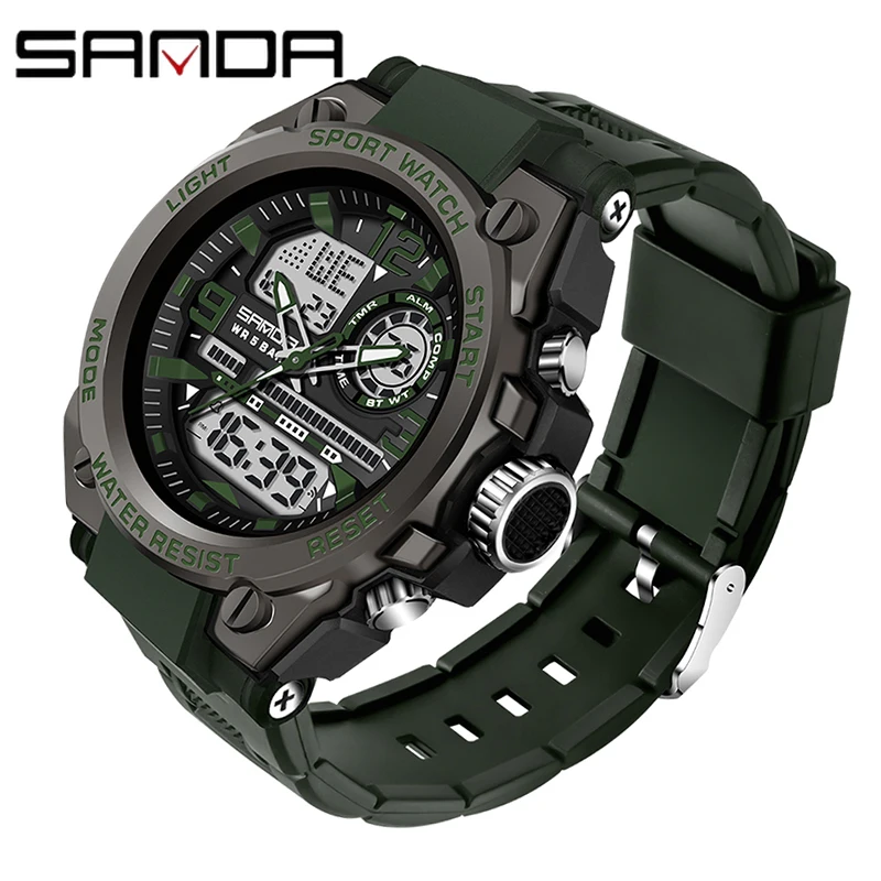 2022 SANDA Quartz 5ATM Waterproof Men Clock Sport Dual Display Electronic Watch Top Brand Military Men's Watch Relogio Masculino 