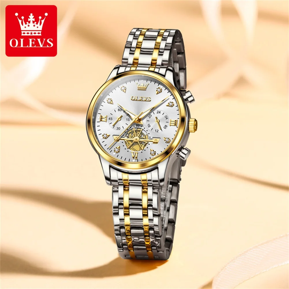OLEVS Fashion Quartz Watch for Women Stainless Steel Waterproof Chronograph Womens Watches Top Brand Luxury Clock Reloj Hombre