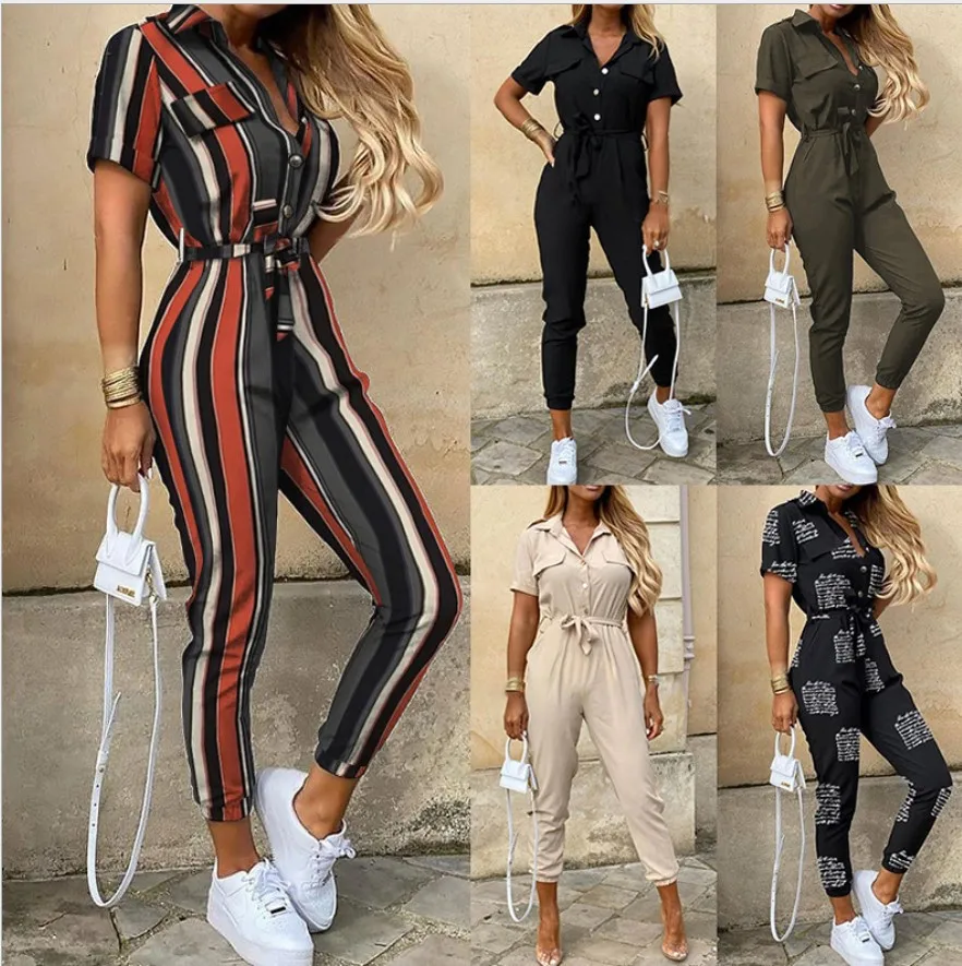 2024 Spring/Summer Women's Fashion, Elegant and Elegant Commuter Casual Lapel, Printed Belt, Work Dress jumpsuit
