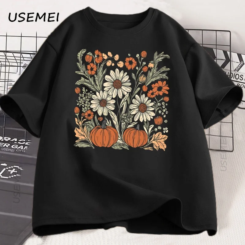 Boho Herbst Blumen T-Shirt Retro Herbst T-Shirt Herbst Vibes Kürbis Saison Grafik T-Shirt Damen Vintage Halloween Damen Kleidung T-Shirts