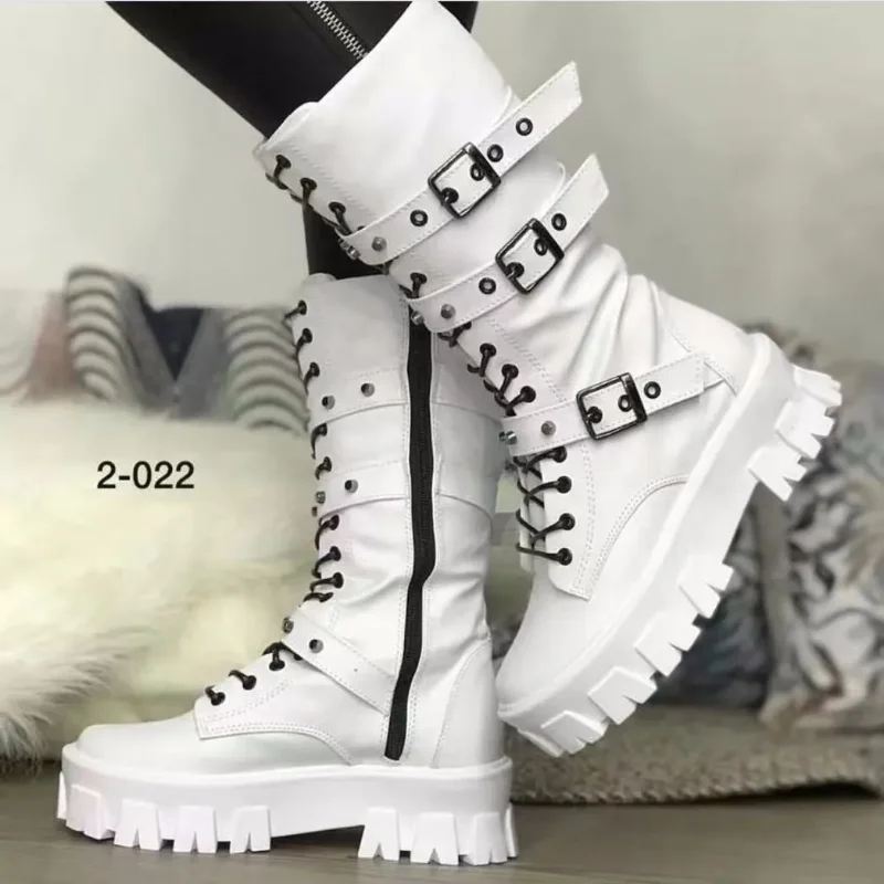 Women's Autumn Uk Style Boots Mid-high Heels Punk Attitude Independent Standing Long Tube Knight Boots Rubber Upper