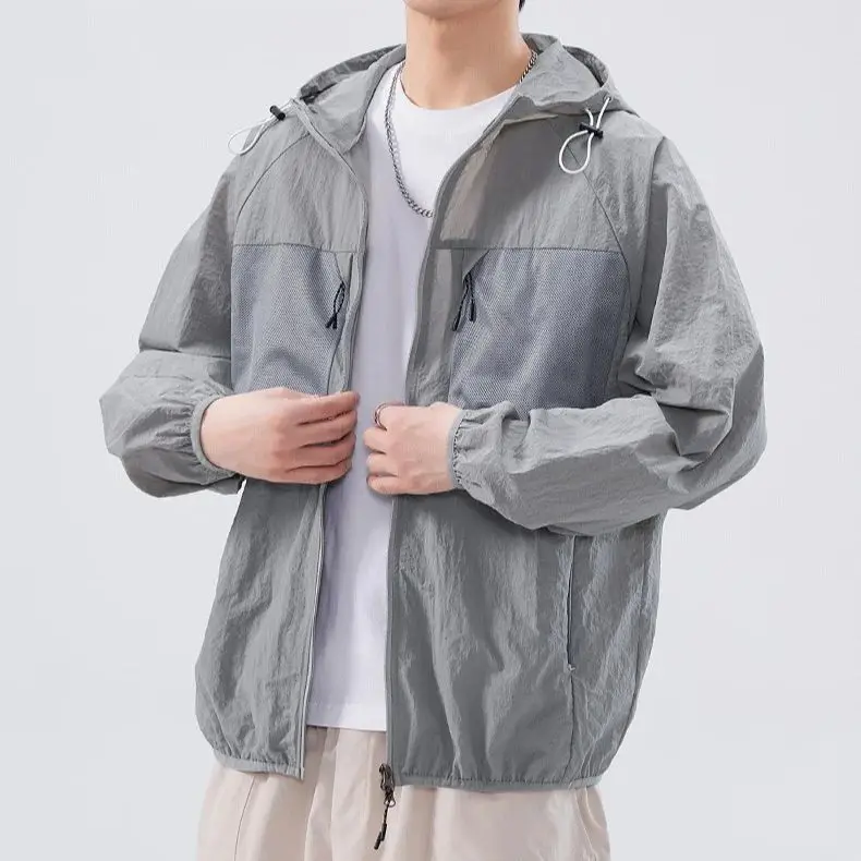 Summer Thin Outdoor Breathable Sunscreen Clothes Men and Women Loose Hooded UV Ice Silk Jacket Zipper Drawstring UPF50+