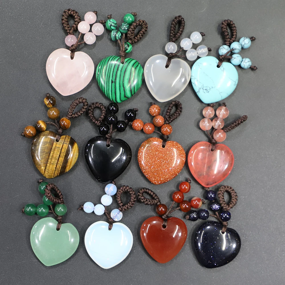 25mm Natural Stone Heart Keychain Love Pendant Necklace Purple Crystal Sodalite Braided Rope Charm Jewelry Gifts Accessories 4Pc