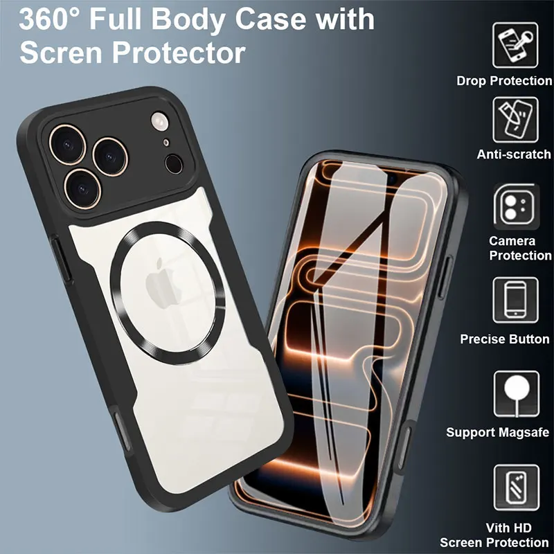 Universal 360° Protection MagSafe Case with Double-Sided Soft Silicone and Clear Magnetic Back Cover