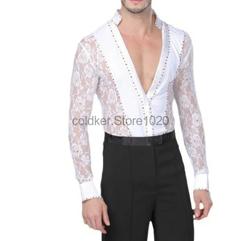 Men's Latin Dance Costume Black White Hollow Lace Leotard Bodysuit Cha-Cha Tango Rumba Dance Performance Shirt For Male dance dress,dance shirts,dance bodysuit