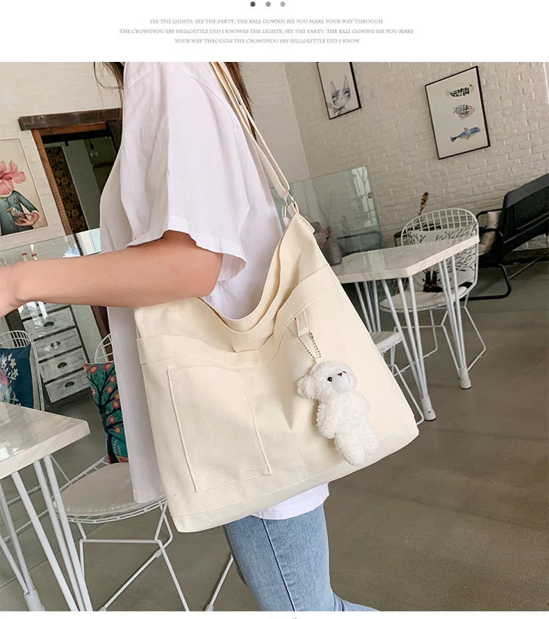 Cotton Canvas Bag With 3 External Pockets  Handbag High-Capacity Zipper Closure Suitable For Young Women and Female Students