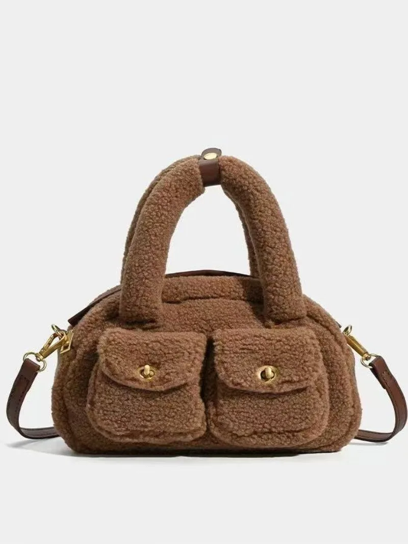 Women's Fashion Lamb Wool Retro Shoulder Bags Autumn Winter New Handbag Cute Patchwork Purse Messenger Bag Casual Crossbody Bags