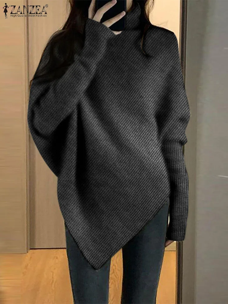 

ZANZEA Fashion High Collar Pullover Women Solid Asymmetrical Sweatshirt Casual Loose Oversized Overalls Autumn 2023 Tops Tunic