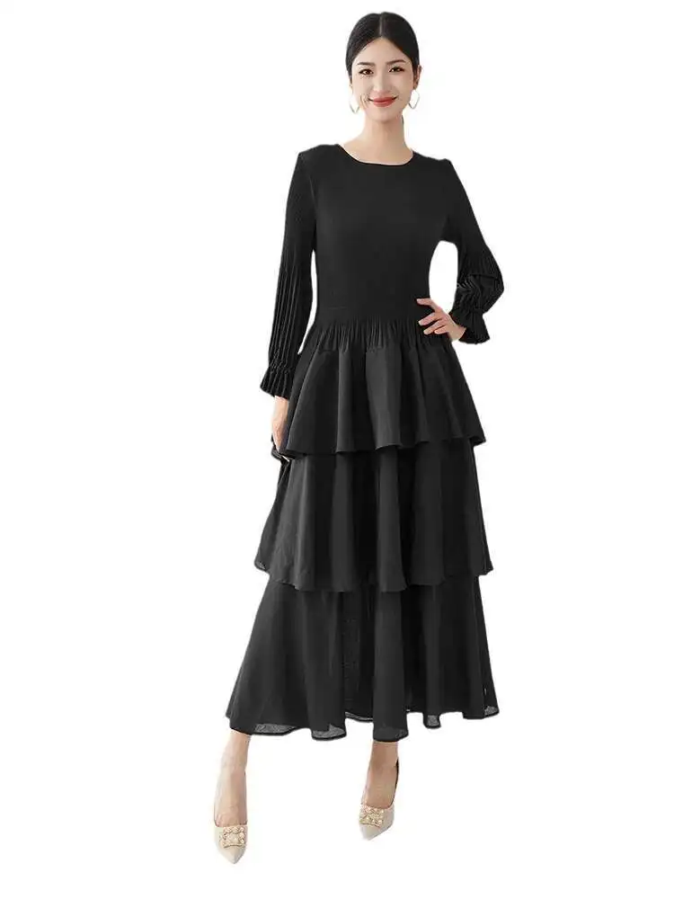 LANMREM Fashion Pleated Cake Dress Women's O-neck Long Sleeves Elastic Stretch Solid Color Dresses 2025 Spring New 2Z2393 - Image 5