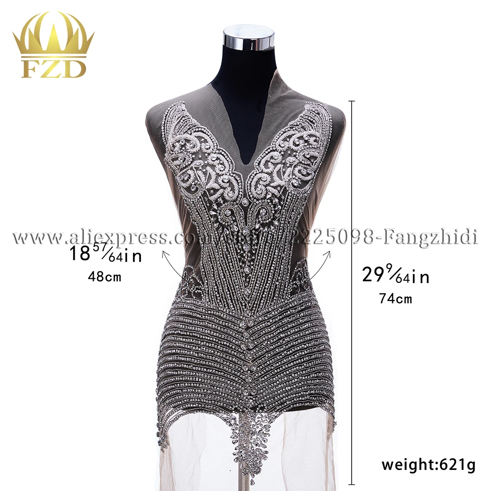 

FZD 1 Piece Silver All rhinestones Crystal Stone Beaded Bodice Patches beads Apprarel for Wedding Dresses, DIY Decorative Cloth