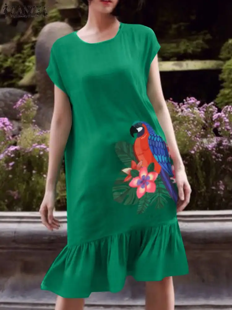 

2024 Summer Sundress ZANZEA Women Vintage Short Sleeve Printed Dress Casual O-Neck Beach Vestidos Robe Femme Fashion Sarafans