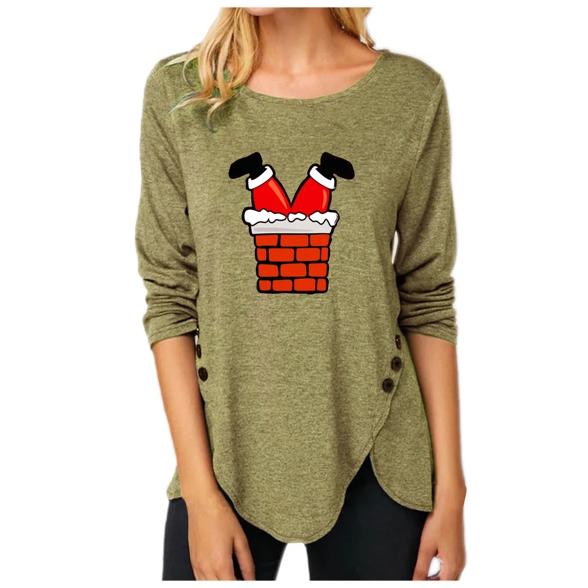 

Women T Shirts Xmas Long Sleeved Christmas Print Top Blouse Vintage Ugly Cartoon Santa Claus Print Pullovers Female Tshirts