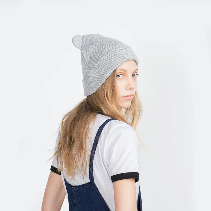 Lovely Warm Winter Casual Skullies Beanies Hat Hot Fashion Design Wool Cap Hat Gray White Cute Cat Ears Knitted Hat 2