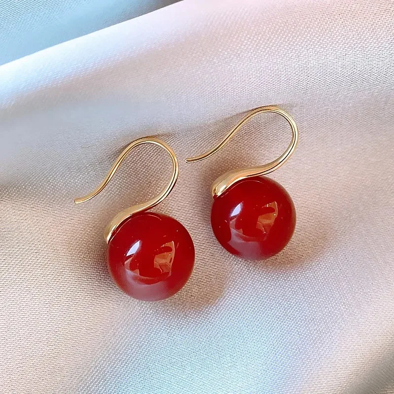 

Minar Simple Red Agate Natural Stone Hook Earring for Women Gold Color Metal Round Ball Dangle Drop Earrings Statement Jewelry