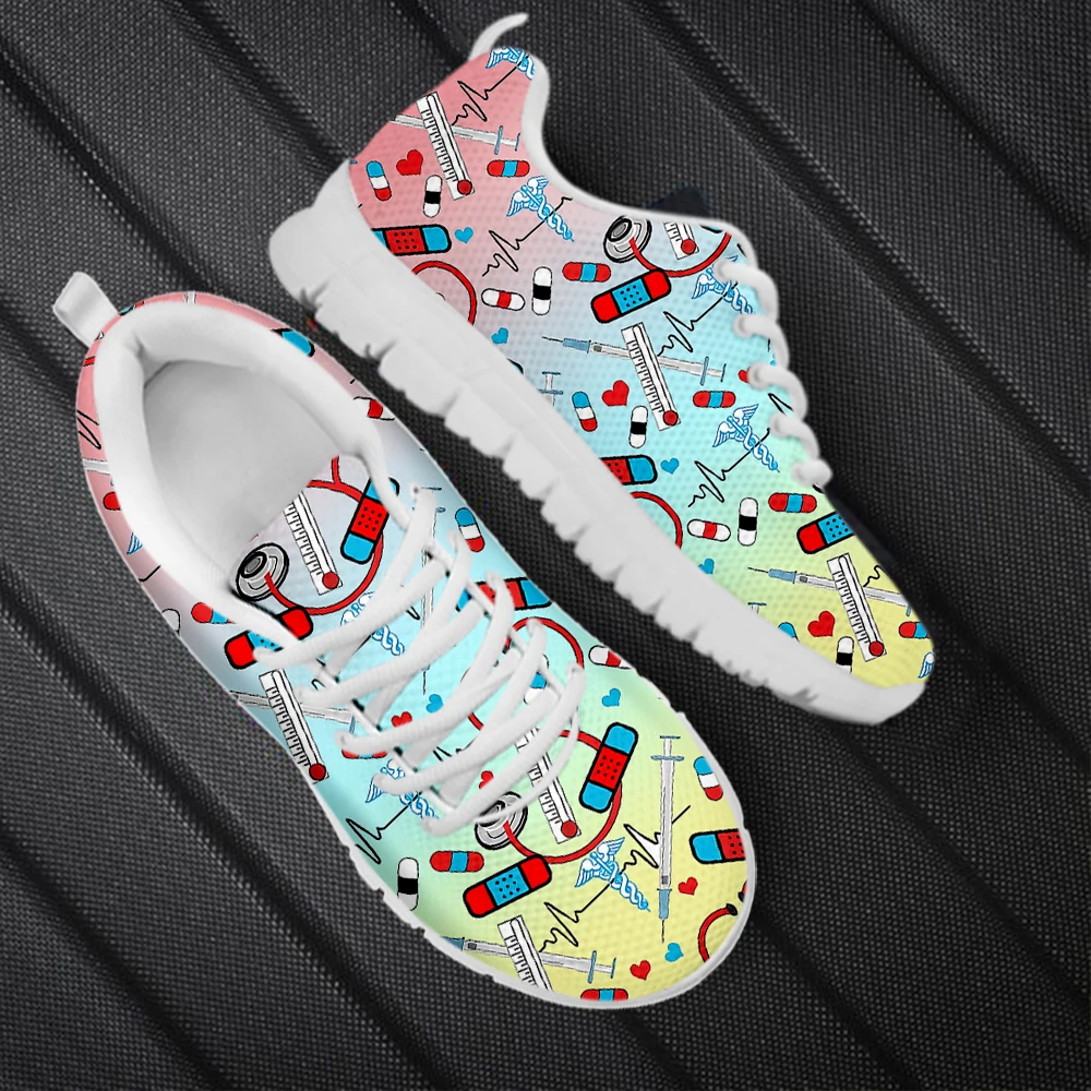 INSTANTARTS 2023 Ladies Flat Shoes Gradient Medical Facilities Pattern Lace-up Casual Sneakers for Women Light Enfermera Zapatos