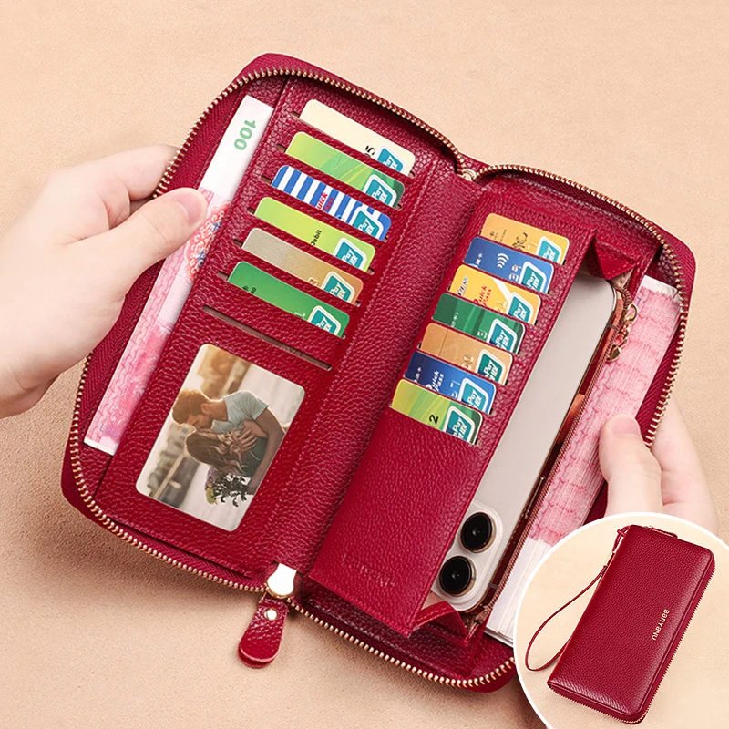

Genuine Leather Women's Wallet with Lychee Pattern Female Zipper Clutch Long Phone Bag Coin Purse Card Holder Black Red Purses