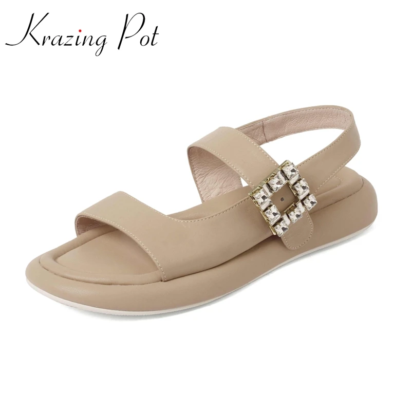 

Krazing Pot Sheep Split Leather Peep Toe Thick Bottom Rhinestone Decoration Young Lady Streetwear Buckle Strap Women Sandals L55