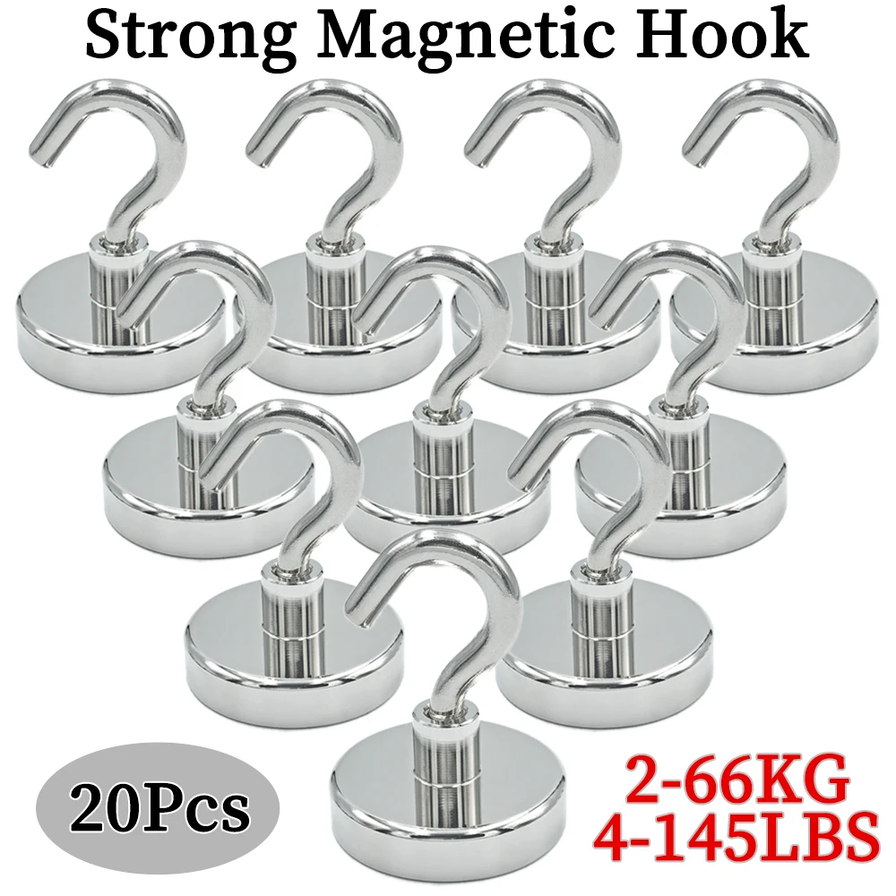 

10/20/60Pcs Super Strong Neodymium Powerful Magnetic Hooks Ring Metal Magnet with Curved Hook Hanger for Hanging,Fridge,Wall,Key