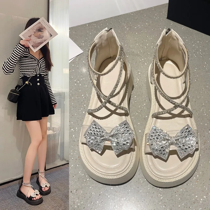 

Rhinestone Strapes Women Sandals Girl Elegant Princess Shoes Summer New Fashion Sandals Female Wedding Party Bow Tie Strapes
