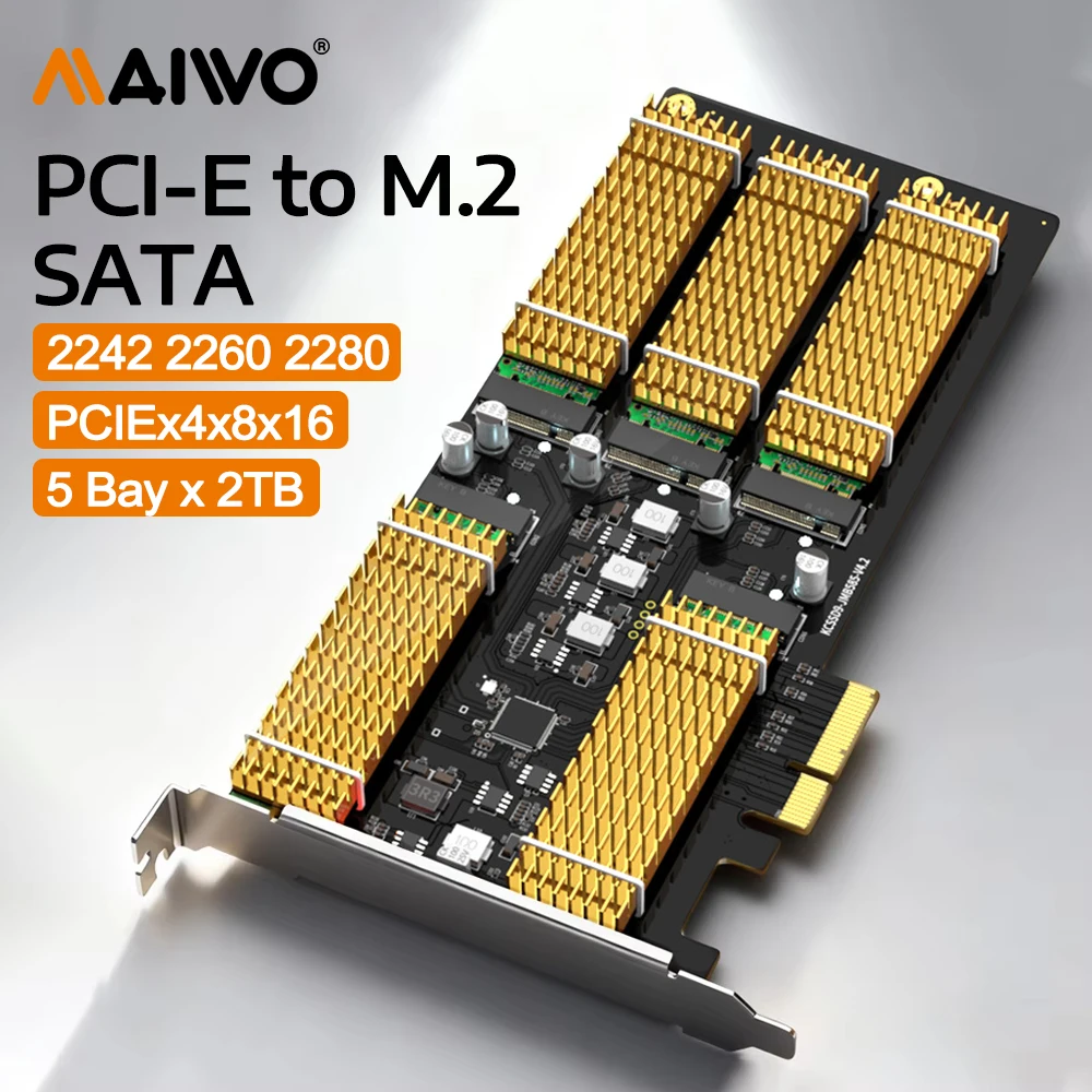 MAIWO PCI Express 카드 5베이 M2 SATA RAID 0/1/5 어댑터 Windows/Linux/MAC OS용 SSD당 2TB 호환 PCIe×4×8×16 어댑터 카드