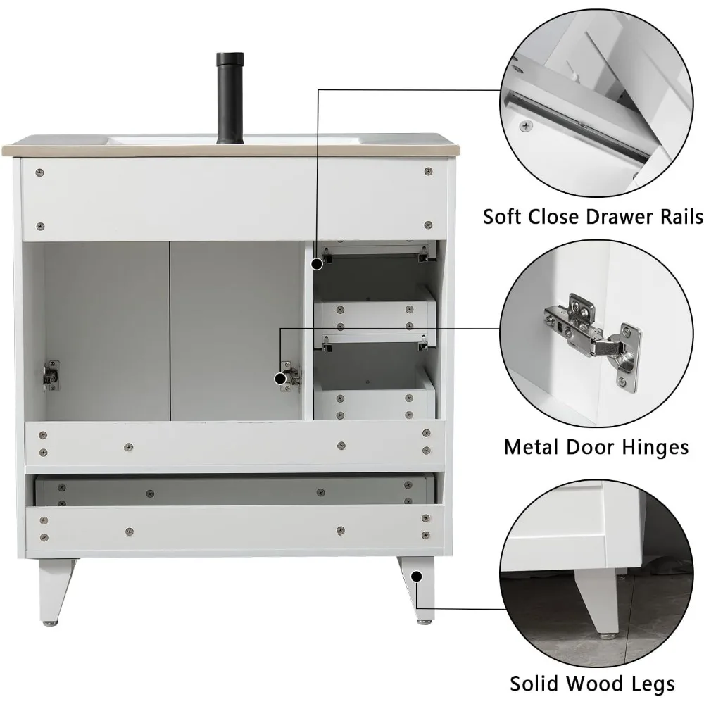 30" Bathroom Vanity Cabinet with Sink Combo Set, Undermount Ceramic Sink, Matte Black Faucet, High-Definition Mirror 4