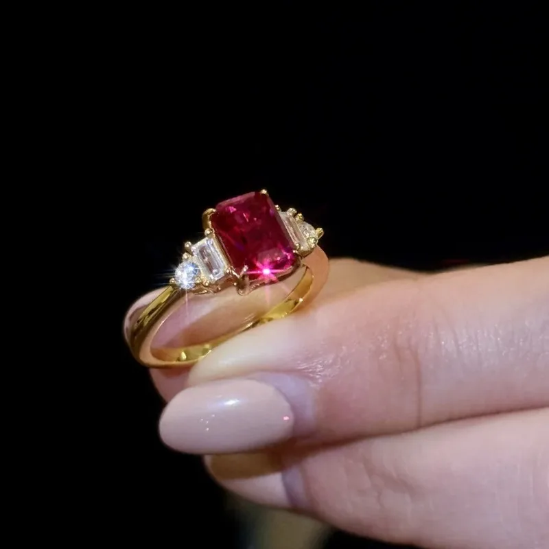 LAILIY 18K 골드 다이아몬드 사각형 비둘기알 모양 루비 조절 가능 반지 여성 패션 주얼리