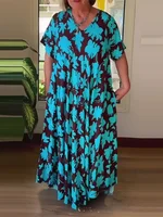 Plus Size Ladies Loose Dress 2025 Fashion Holiday Style Spring Travel Essential Blue Pattern Short-sleeved Long Beach Style - Image 2