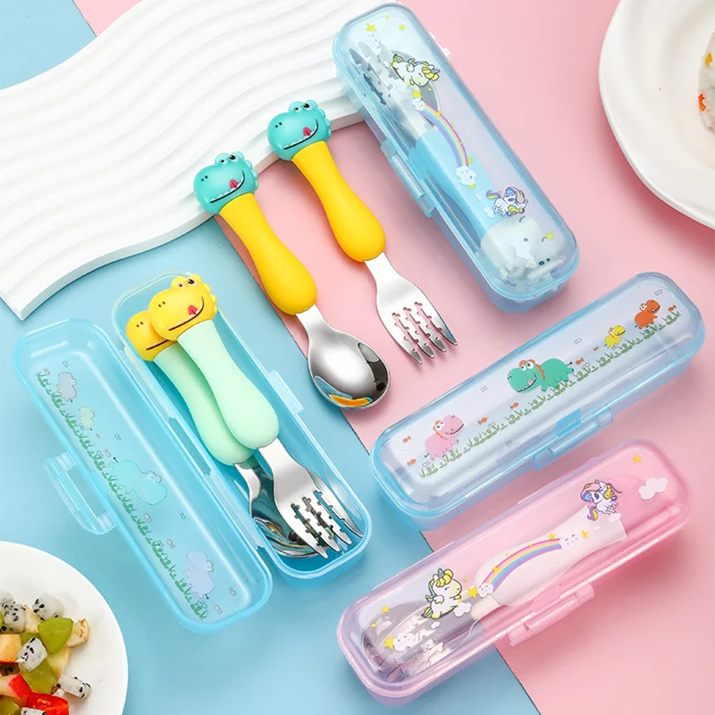 304 Stainless Steel Portable Children's Fork And Spoon Set Dinosaur Baby Cartoon Tableware Baby Learning To Eat Training Cutlery