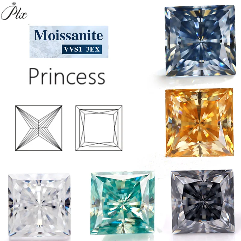 

Many Color VVS1 Moissanite Loose Moissanite Diamond Test Positive GRA Certificate Princess Cut Moissanite Supplier Factory