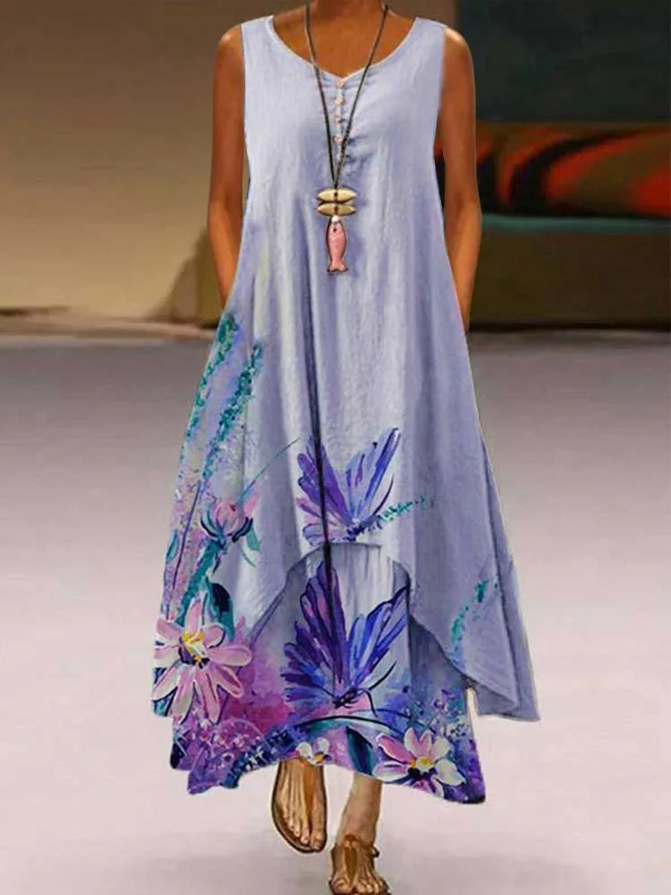 

Beach Floral Printed Dress Sleeveless Buttons Pockets Irregular Front 2 Layers Long Maxi Dresses for Women Vintage Clothing