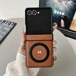 Magnetic Leather Phone Case with Ring Holder and Hinge Protection - Motorola Razr 70 (Brown)