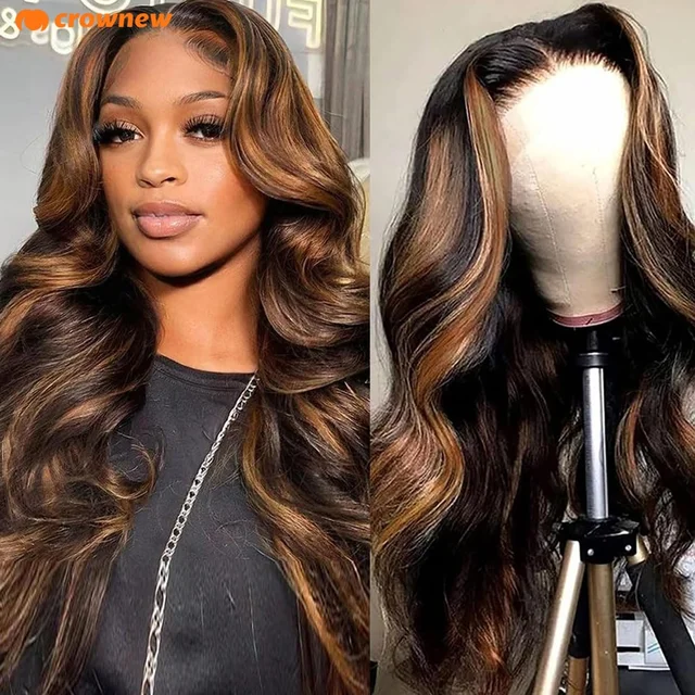 Perruque Lace Frontal Wig naturelle Body Wave à reflets P1B-30, 13x4, 13x6, HD, pre-plucked, ombré 200% 1