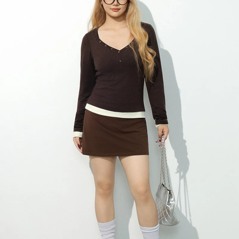 Fashion Plus Size Women's T-Shirt Premium American V-Neck Knitted Fake Two Piece long-sleeved Tops Hot Girl Autumn Tees