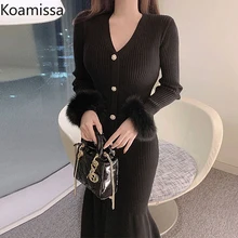 

Koamissa Elegant Woman Patchwork Knitted Solid Dress Long Sleeves Single Beasted V Neck Patchwork Dresses OL Korean Vestidos