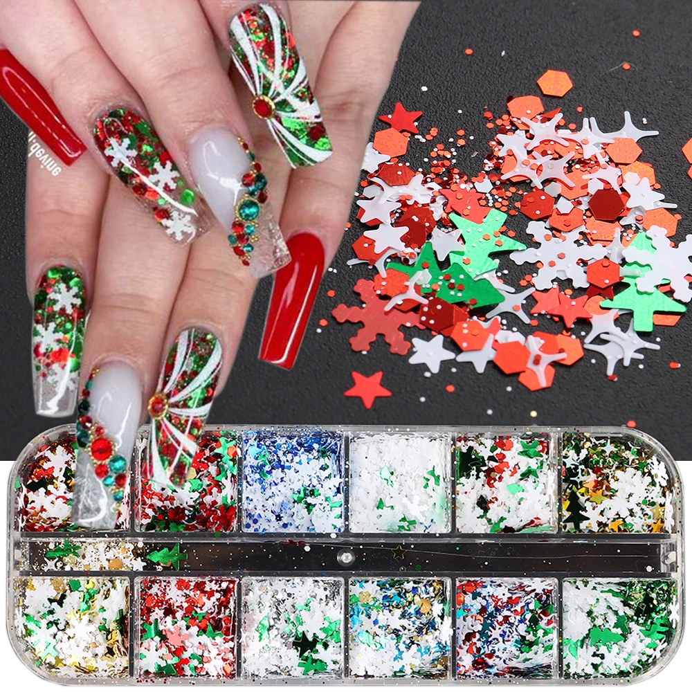 Christmas Nail Decoration 2022 Red Green Mixed Glitters Gold Snowflakes  Sequins For Nails Star Hexagon Paillettee Manicure GLSDF