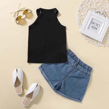 Girls Summer Outfits Set with Sleeveless Tank Tops and Stretch Denim Shorts in Solid Colors for a Casual Look 5