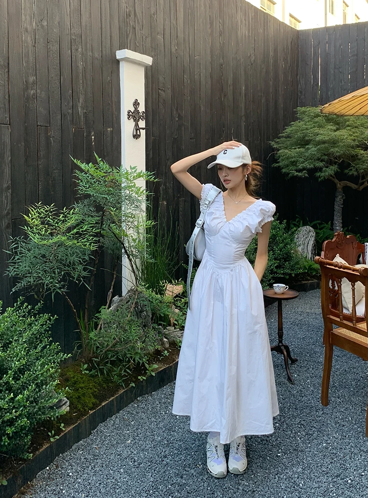 Casual Solid Midi Dresses for Women Korean Chic V-neck Backless High Waist Puff Sleeve A-line Party Dress Summer Vestidos Mujer